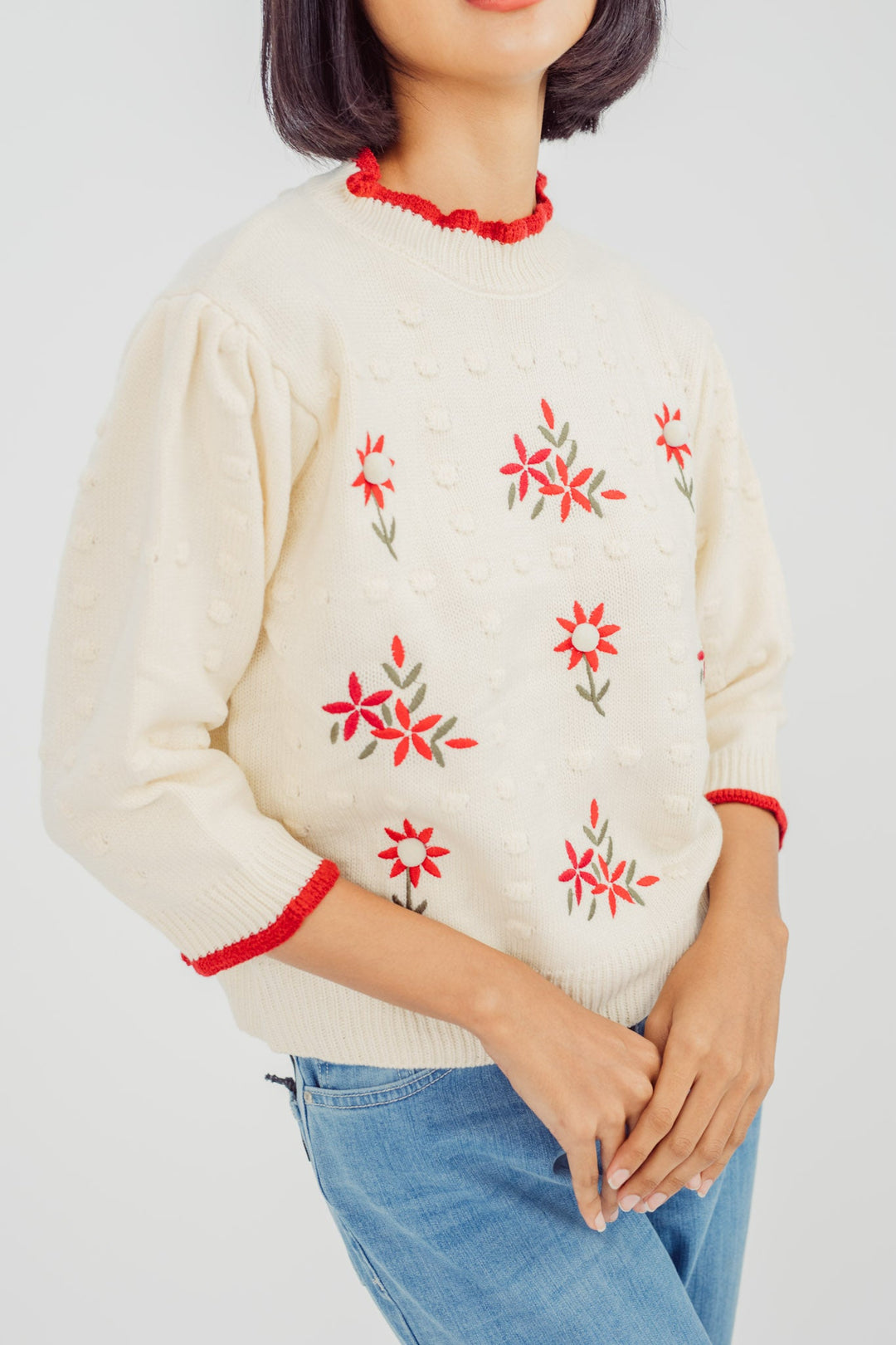 Dryn Beige Knitted Floral Embroidery Crew Neck 3/4 Sleeves Top