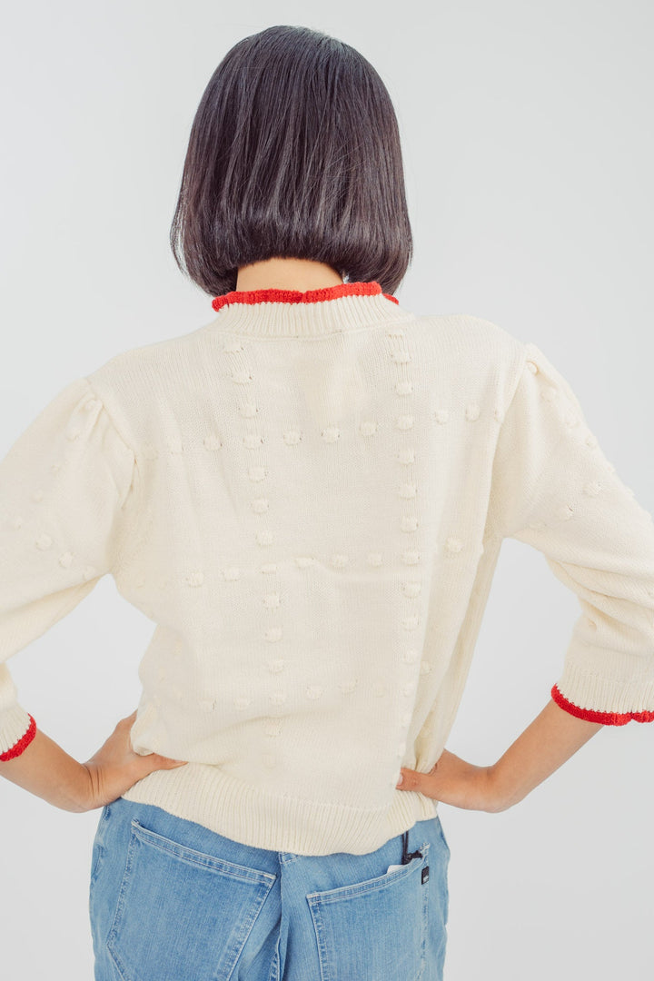 Dryn Beige Knitted Floral Embroidery Crew Neck 3/4 Sleeves Top