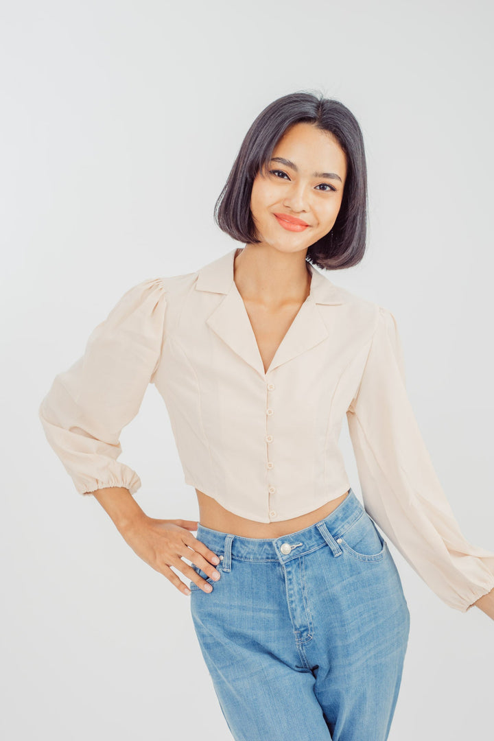 Justine Beige Notched Collar V Neck Buttondown Long Sleeves Top