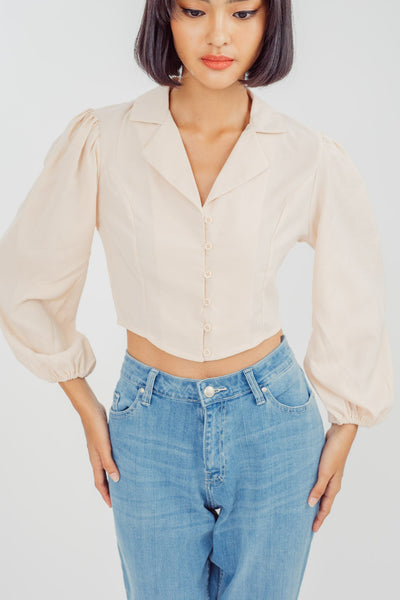 Justine Beige Notched Collar V Neck Buttondown Long Sleeves Top