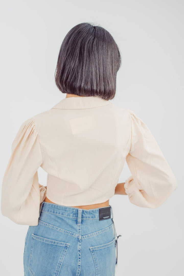 Justine Beige Notched Collar V Neck Buttondown Long Sleeves Top