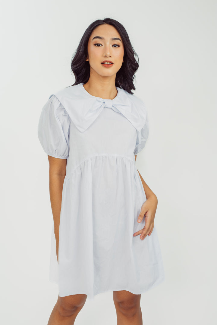 Talitha White Round Neck Ribbon Collar Short Sleeves Loose Mini Dress