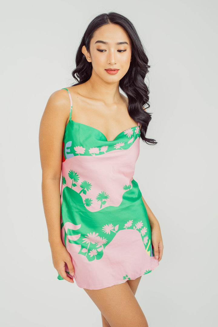 Lulu Green and Pink Prints Cowl Neck Sleeveless Mini Dress