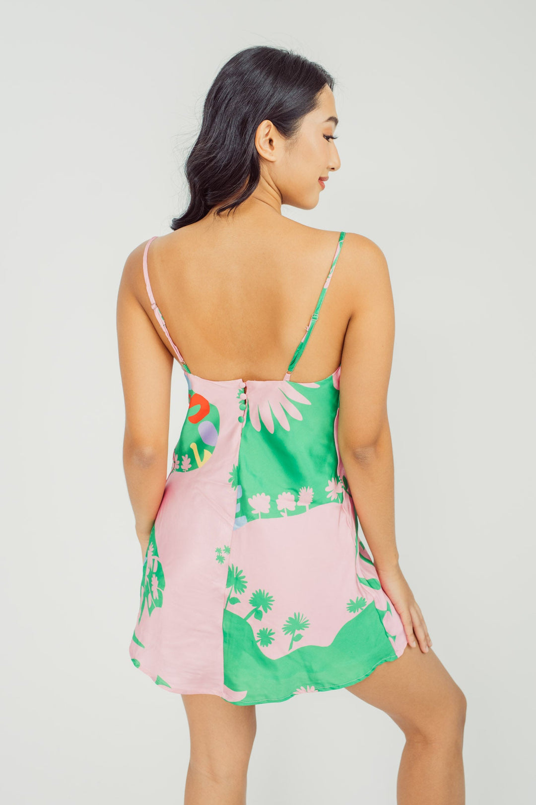Lulu Green and Pink Prints Cowl Neck Sleeveless Mini Dress