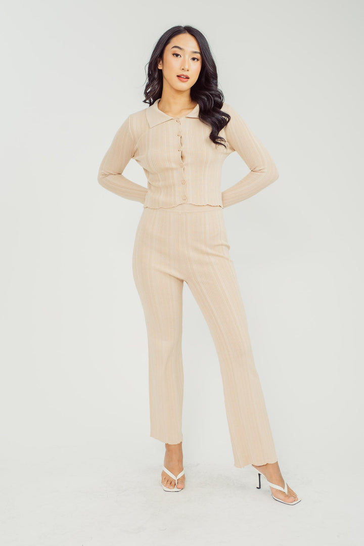 Neeca Khaki Knitted Elastic Waist Straight Cut Culottes
