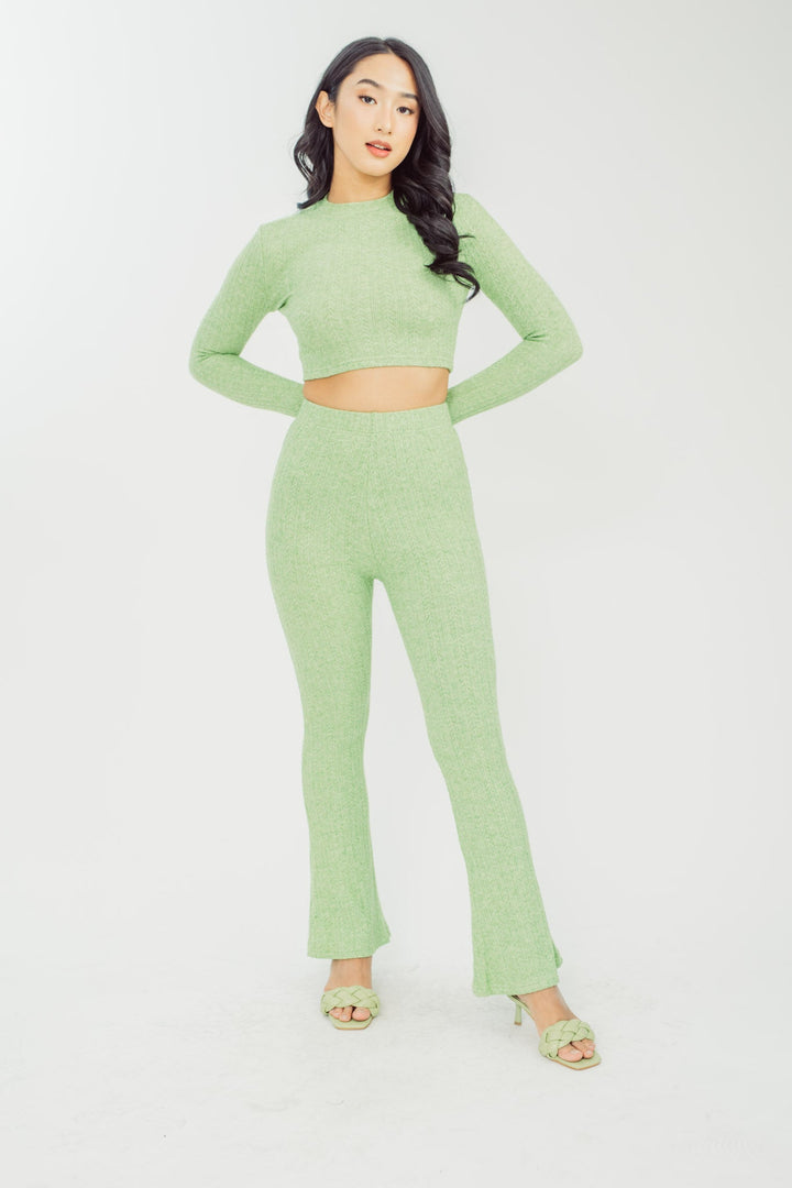 Cleopha Green Knitted Crew Neck Long Sleeves and High Rise Flare Pants Set