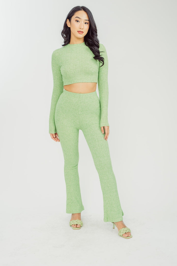 Cleopha Green Knitted Crew Neck Long Sleeves and High Rise Flare Pants Set