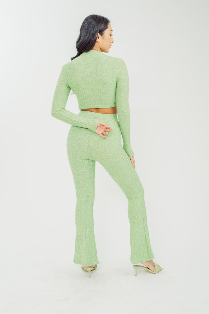 Cleopha Green Knitted Crew Neck Long Sleeves and High Rise Flare Pants Set