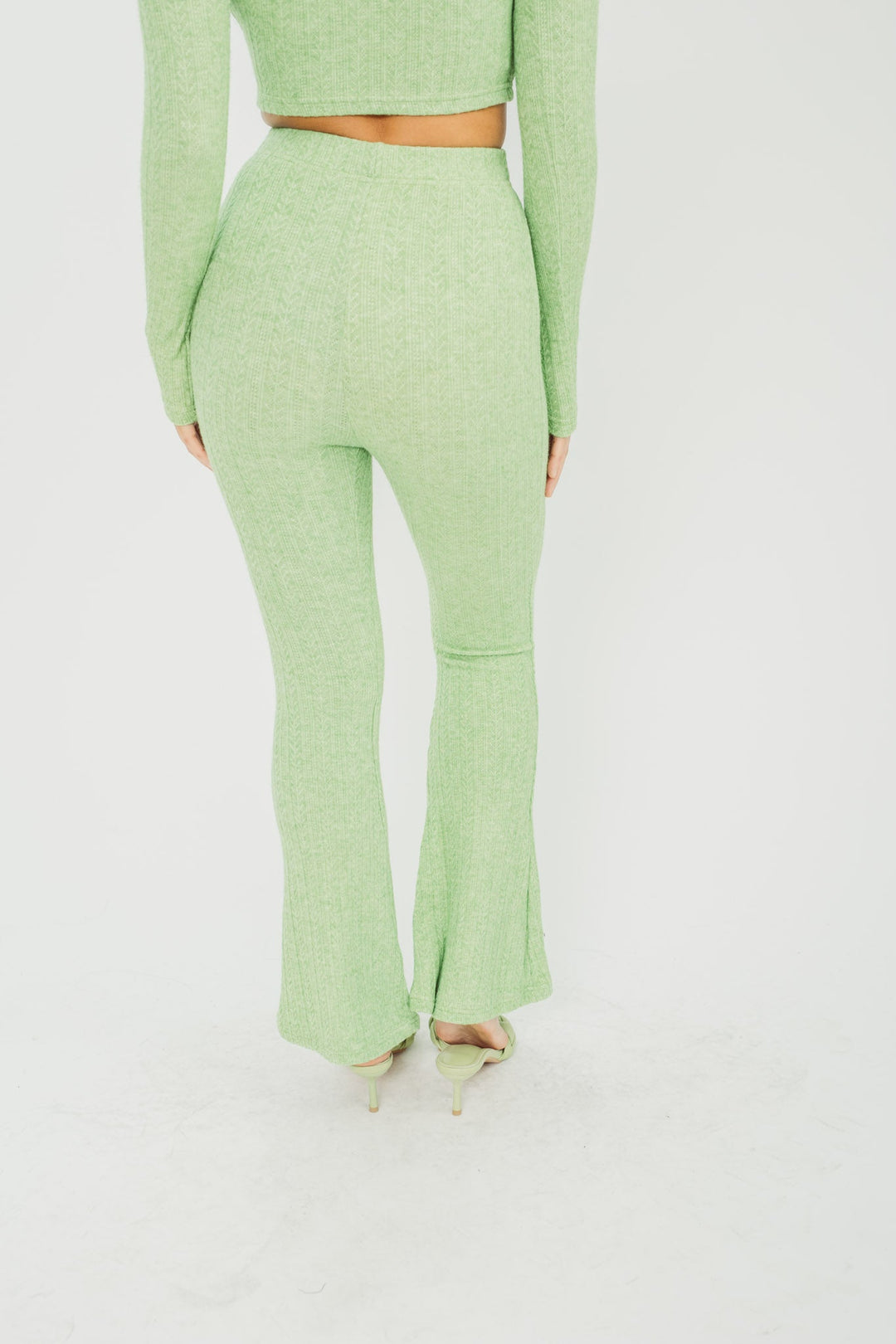 Cleopha Green Knitted Crew Neck Long Sleeves and High Rise Flare Pants Set