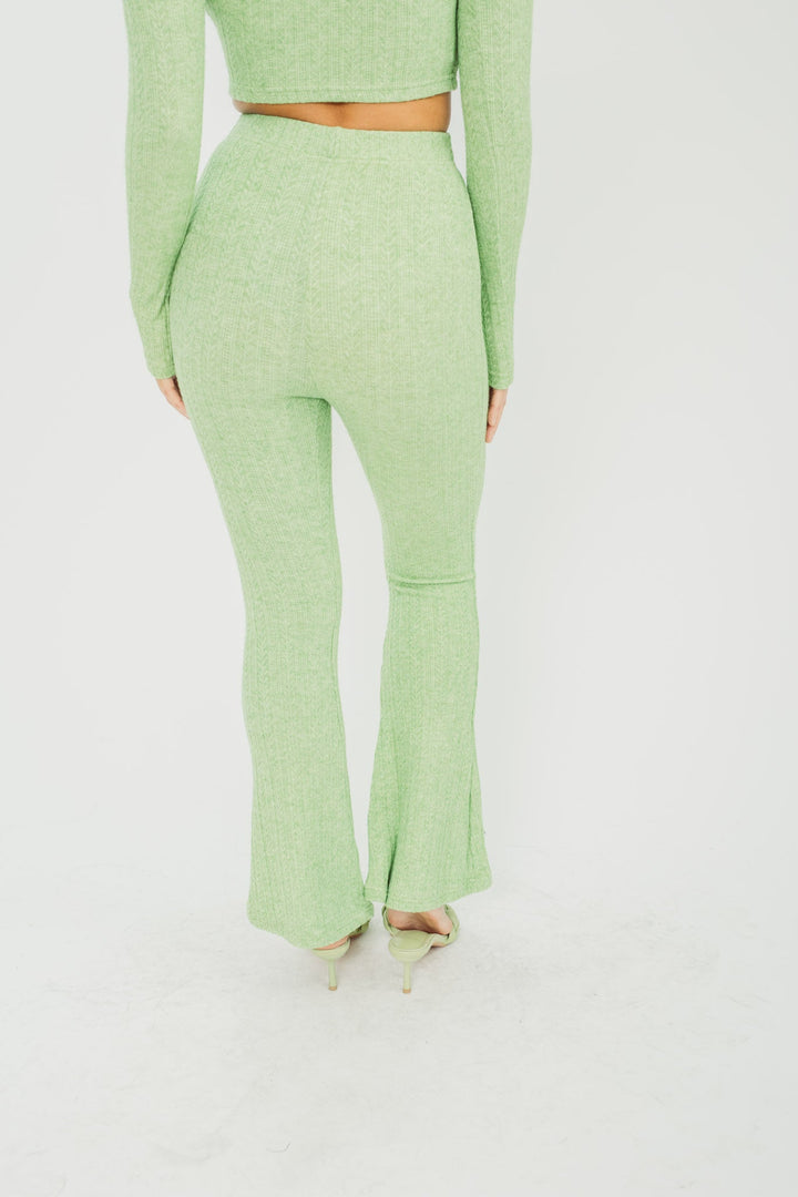 Cleopha Green Knitted Crew Neck Long Sleeves and High Rise Flare Pants Set