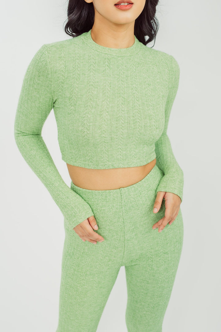 Cleopha Green Knitted Crew Neck Long Sleeves and High Rise Flare Pants Set
