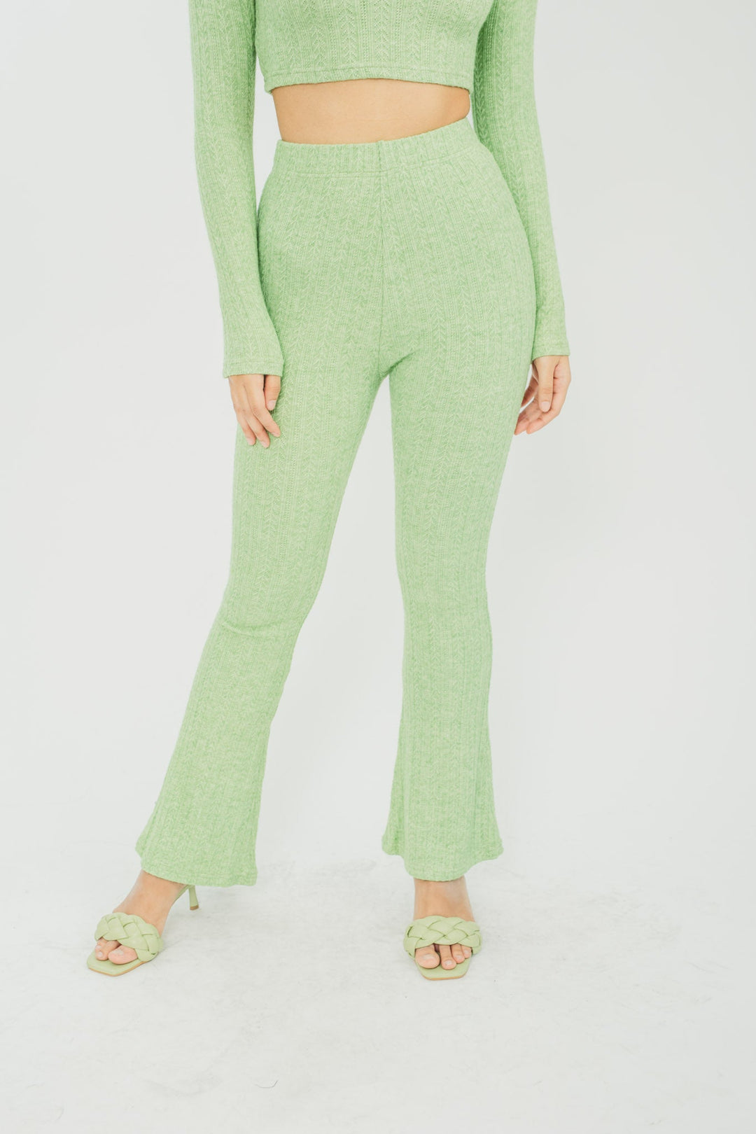 Cleopha Green Knitted Crew Neck Long Sleeves and High Rise Flare Pants Set