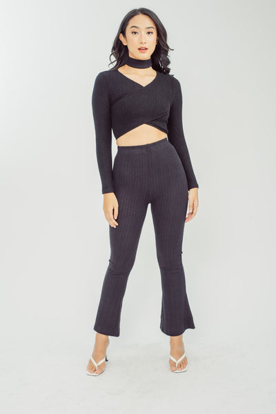 Misael Black Knitted V Neck Overlap Long Sleeves and High Rise Flare Pants Set