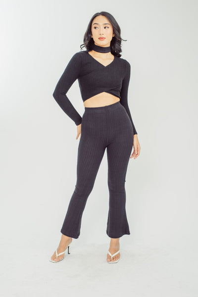 Misael Black Knitted V Neck Overlap Long Sleeves and High Rise Flare Pants Set