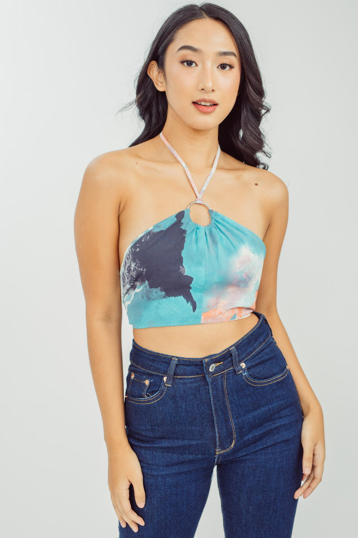 Harmund Pastel Multicolor Abstract Print Halter Self Tie Sleeveless Top