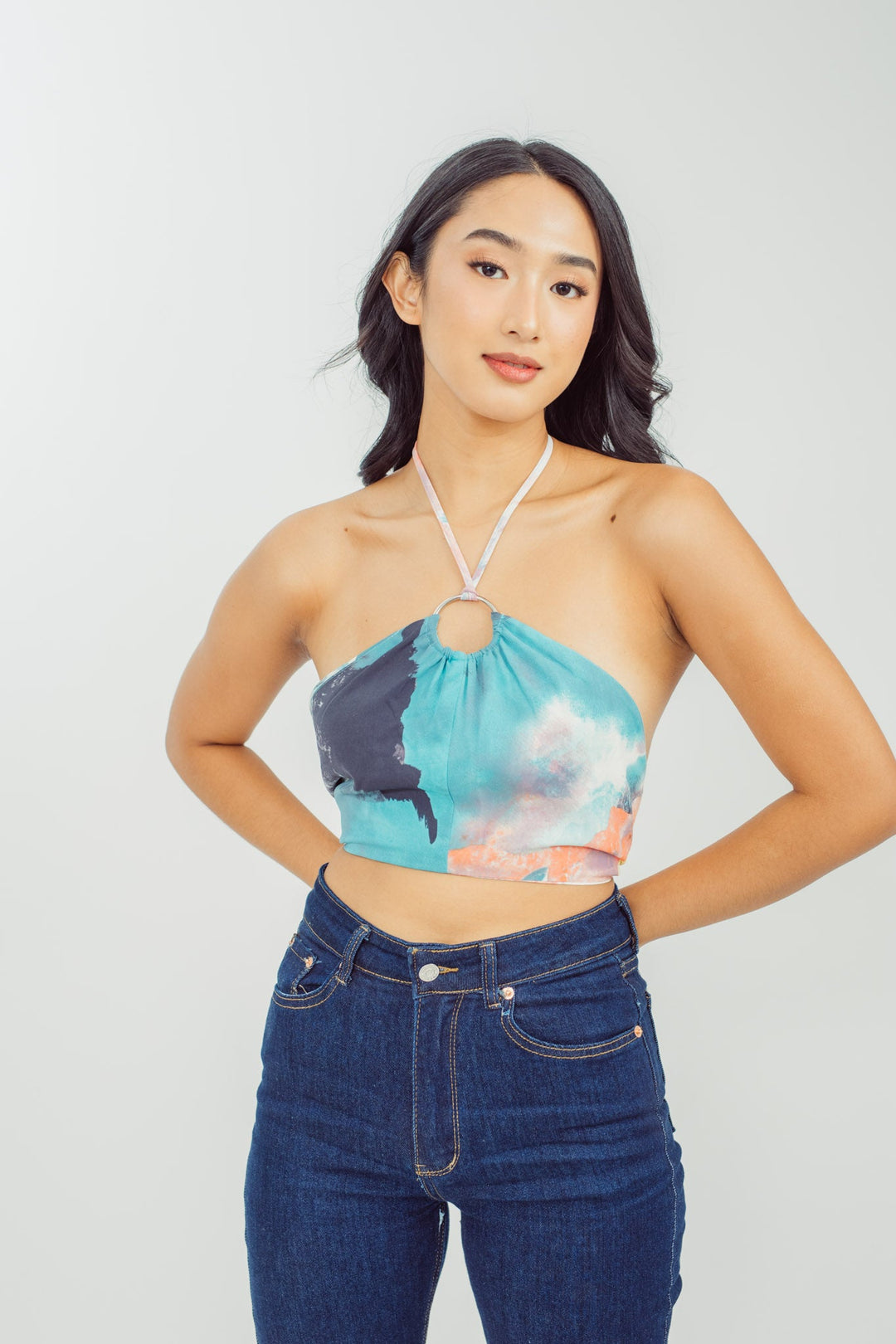 Harmund Pastel Multicolor Abstract Print Halter Self Tie Sleeveless Top