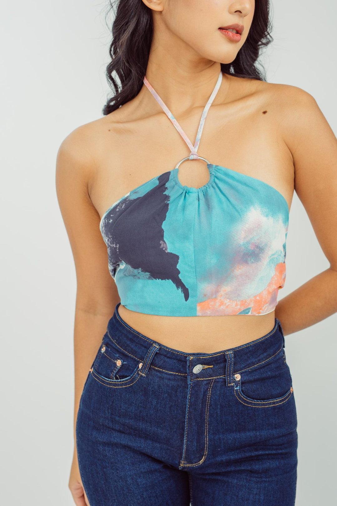 Harmund Pastel Multicolor Abstract Print Halter Self Tie Sleeveless Top