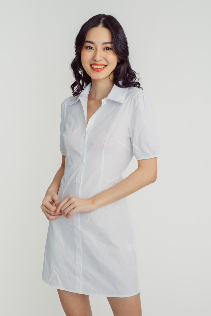 Dorset White Turn Down Collar Short Sleeves Hollow Out Back Buttondown Mini Dress