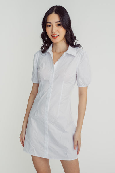 Dorset White Turn Down Collar Short Sleeves Hollow Out Back Buttondown Mini Dress