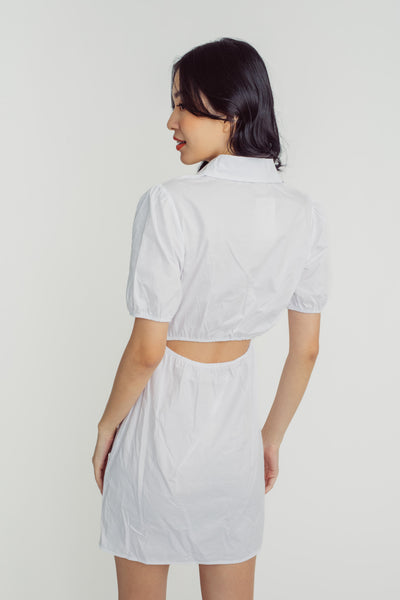 Dorset White Turn Down Collar Short Sleeves Hollow Out Back Buttondown Mini Dress