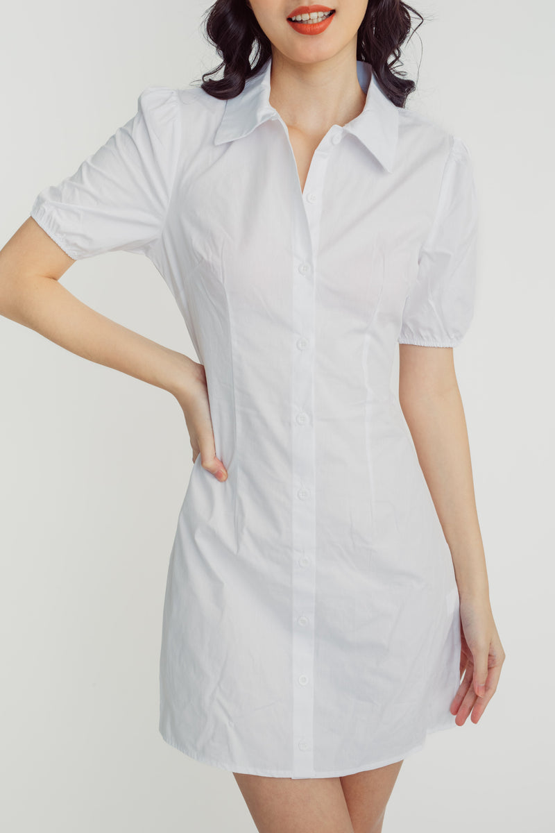 Dorset White Turn Down Collar Short Sleeves Hollow Out Back Buttondown Mini Dress