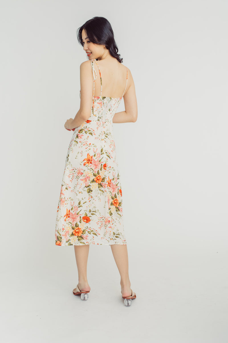 Connor Multicolor Floral All Over Print Self Tie Midi Dress with Slit