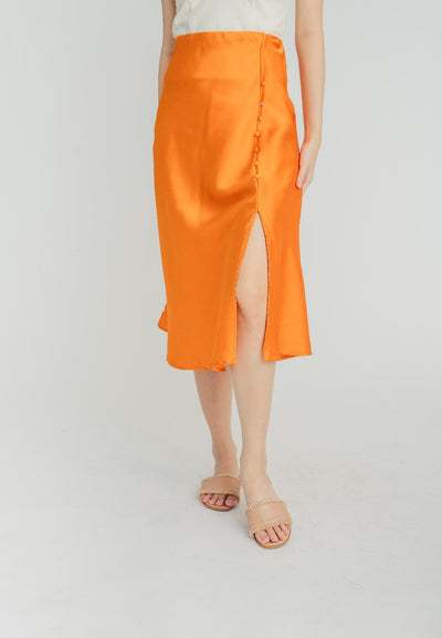 Ainsley Orange Silk Side Buttons Midi Skirt