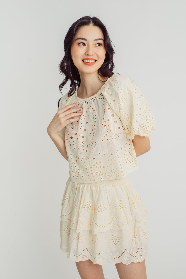 Midge Yellow Eyelet Round Neck Short Sleeves Top and Elastic Waist Layer Mini Skirt Set