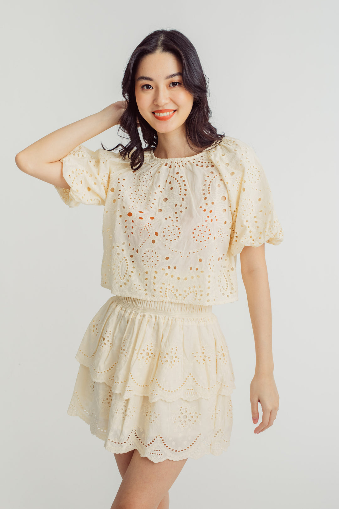 Midge Yellow Eyelet Round Neck Short Sleeves Top and Elastic Waist Layer Mini Skirt Set