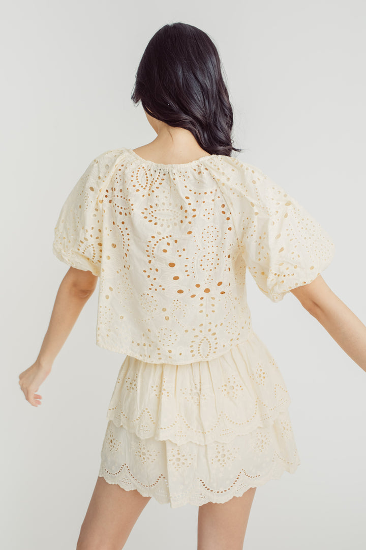 Midge Yellow Eyelet Round Neck Short Sleeves Top and Elastic Waist Layer Mini Skirt Set