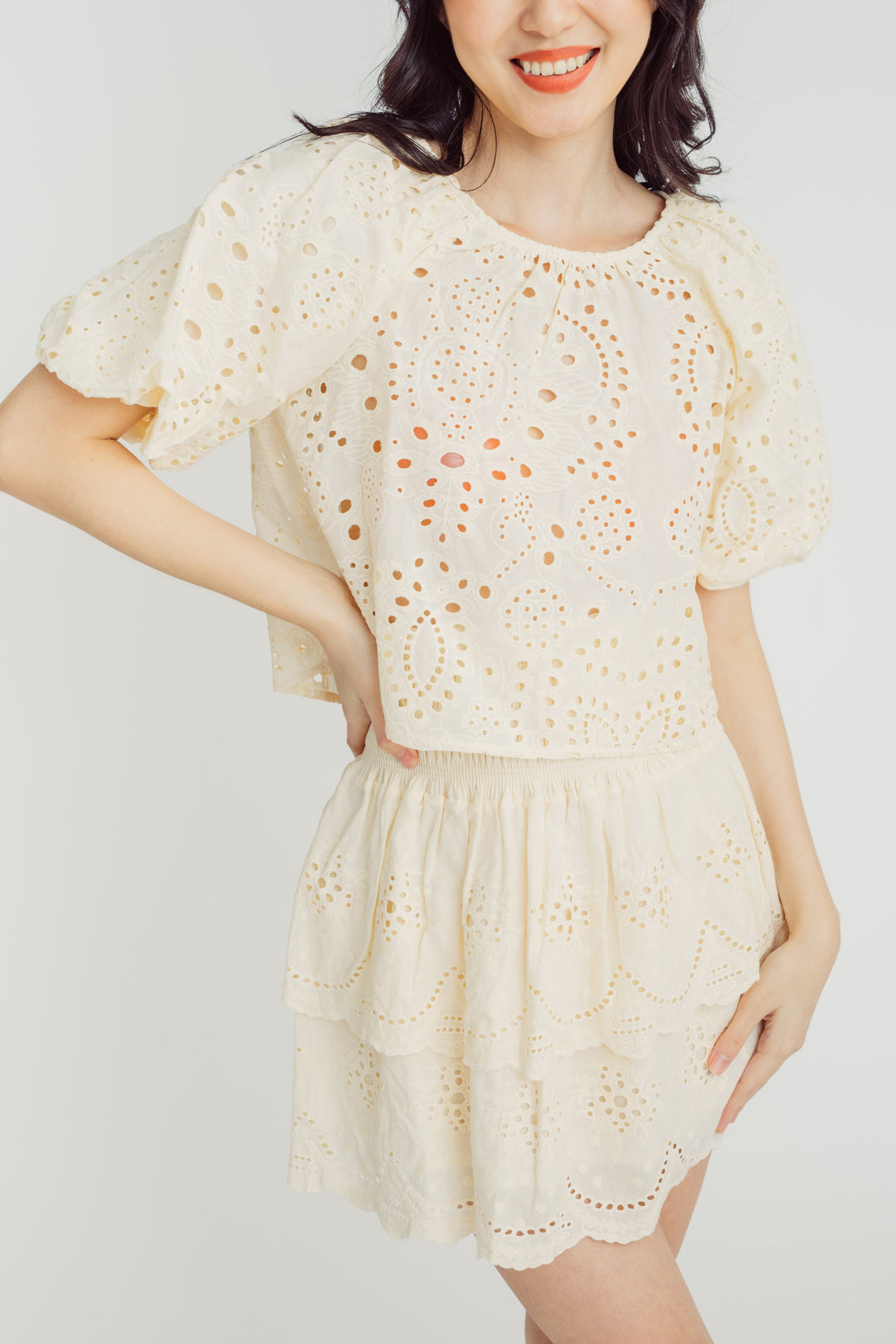 Midge Yellow Eyelet Round Neck Short Sleeves Top and Elastic Waist Layer Mini Skirt Set
