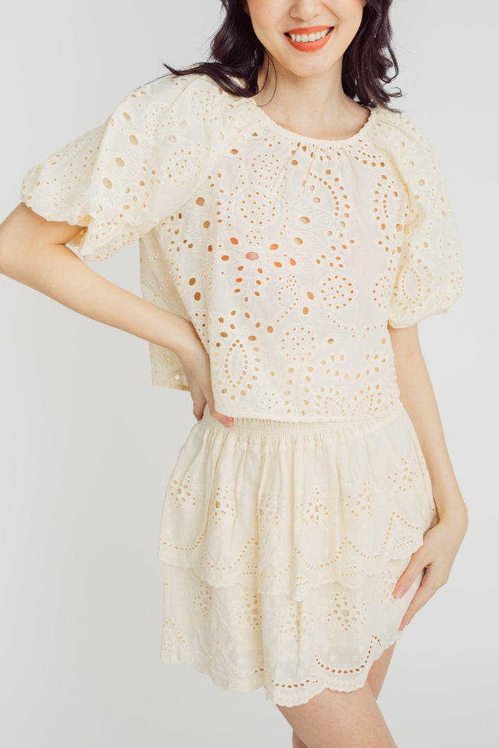 Midge Yellow Eyelet Round Neck Short Sleeves Top and Elastic Waist Layer Mini Skirt Set