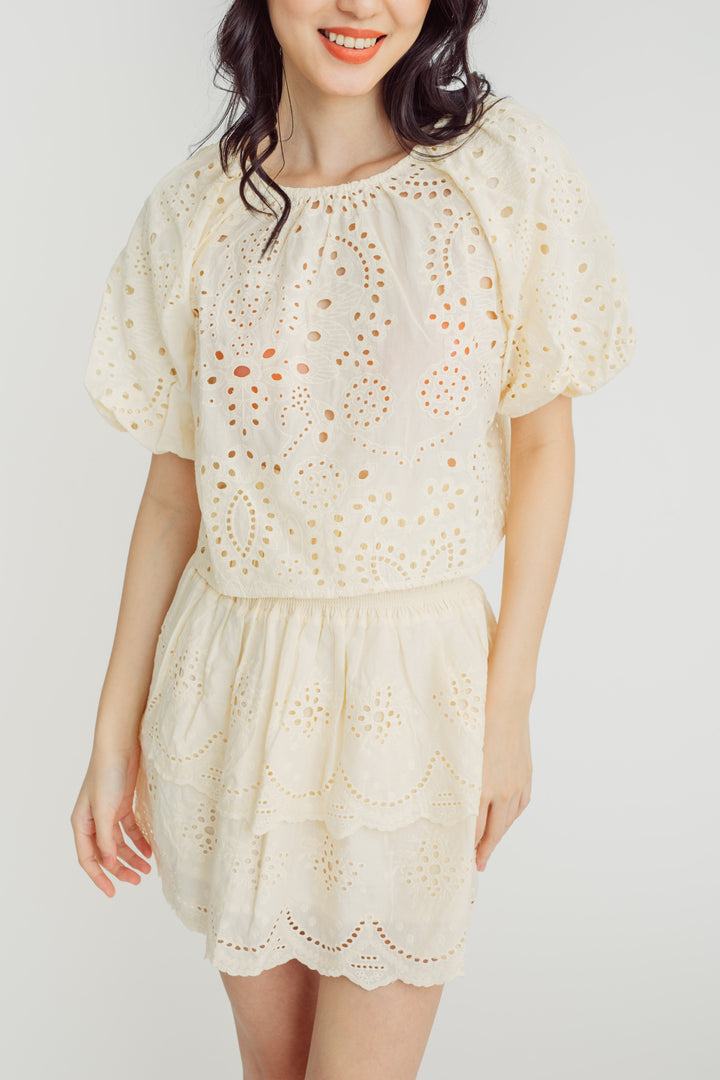 Midge Yellow Eyelet Round Neck Short Sleeves Top and Elastic Waist Layer Mini Skirt Set