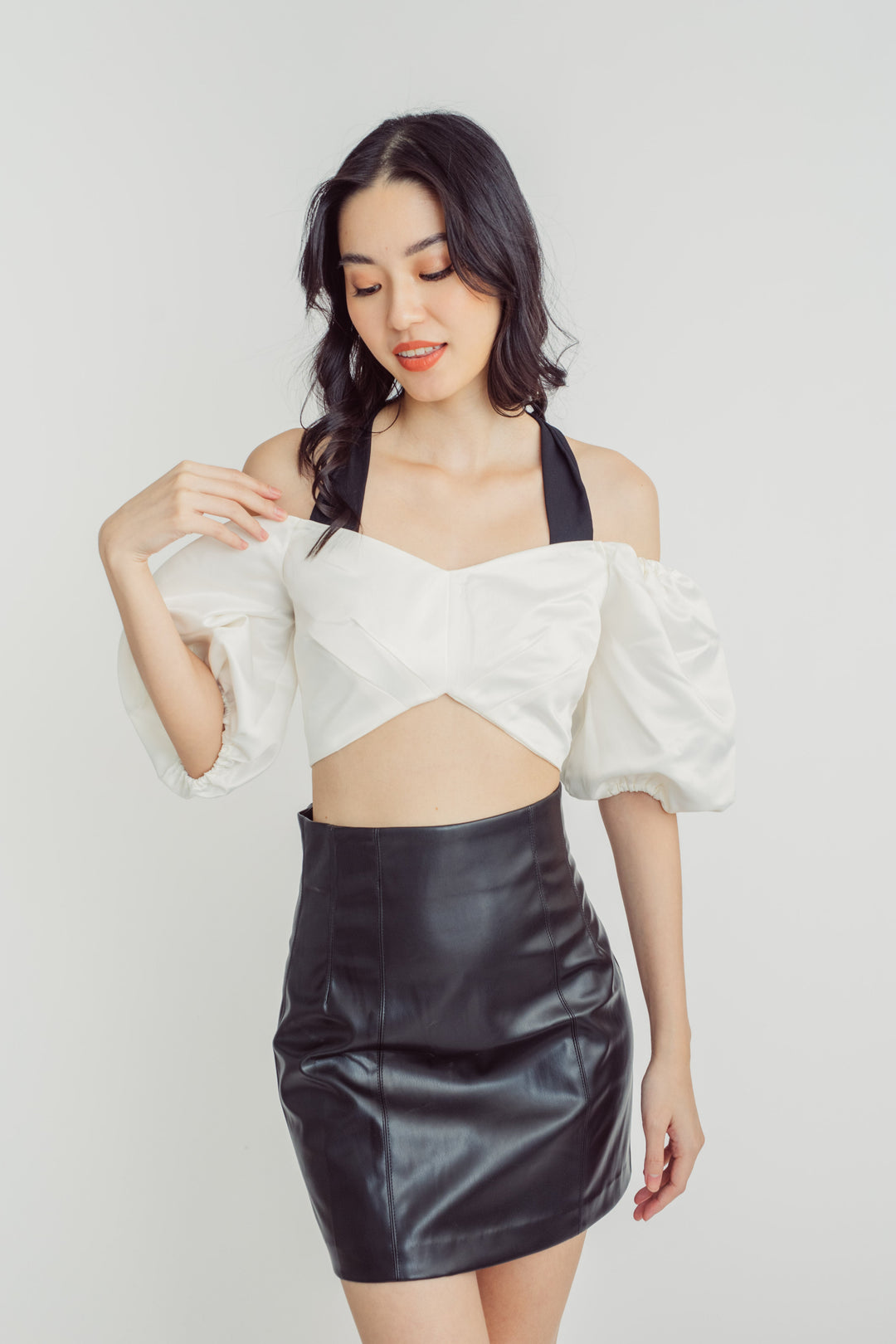 Lizzo White Off Shoulder Puff Sleeves with Black Self Tie Strap Crop Top