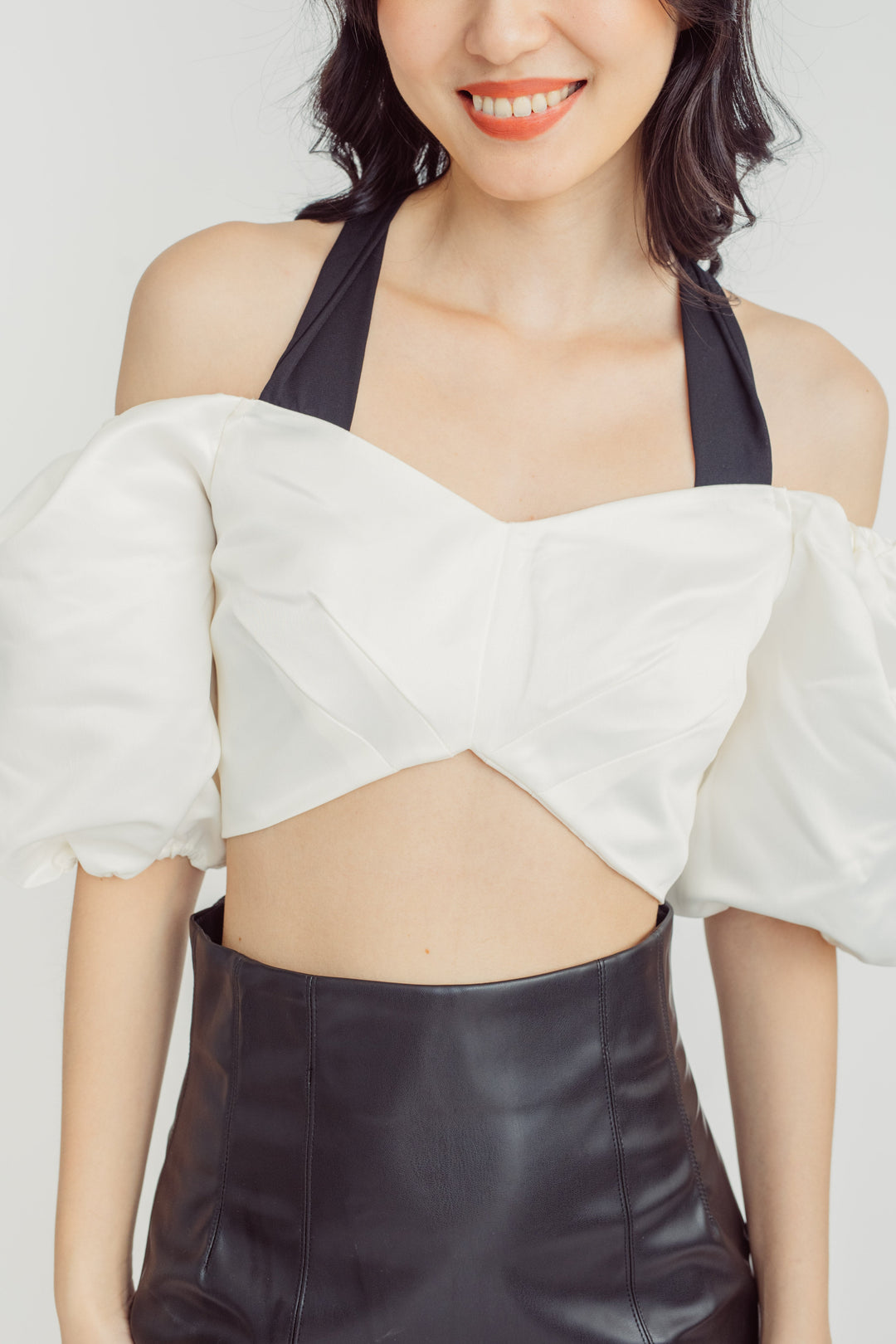 Lizzo White Off Shoulder Puff Sleeves with Black Self Tie Strap Crop Top