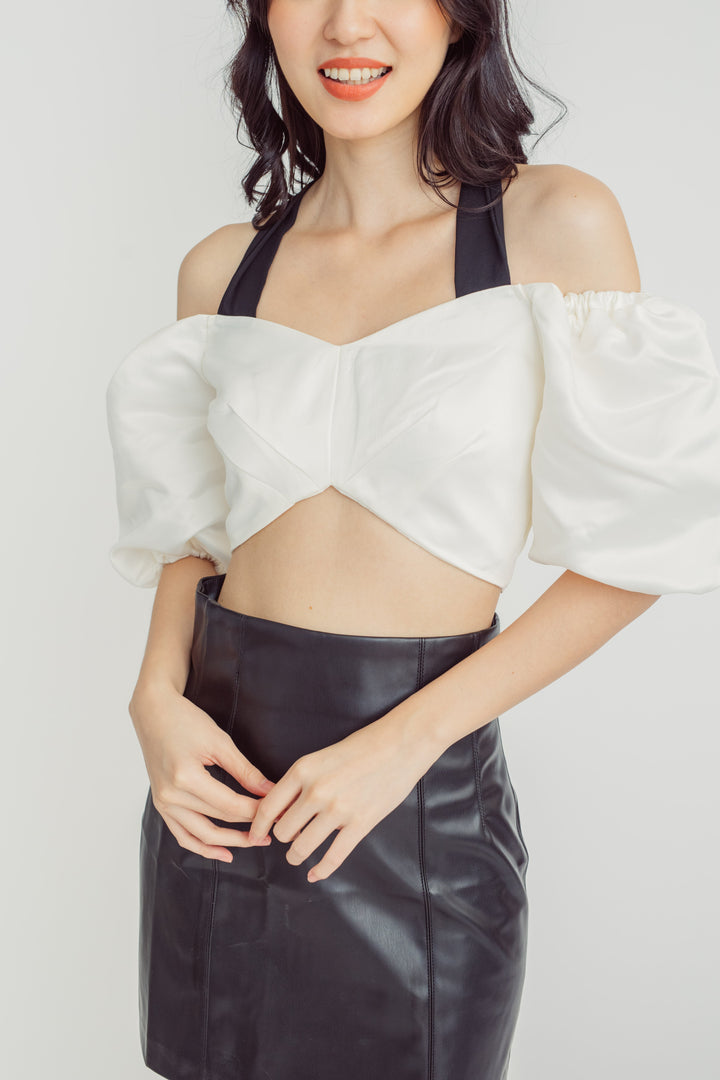 Lizzo White Off Shoulder Puff Sleeves with Black Self Tie Strap Crop Top