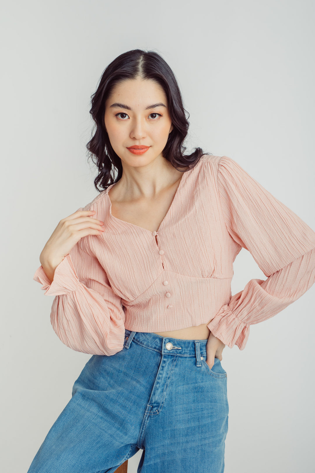 Cirilla Pink Textured V Neck Button Details Long Sleeve Top