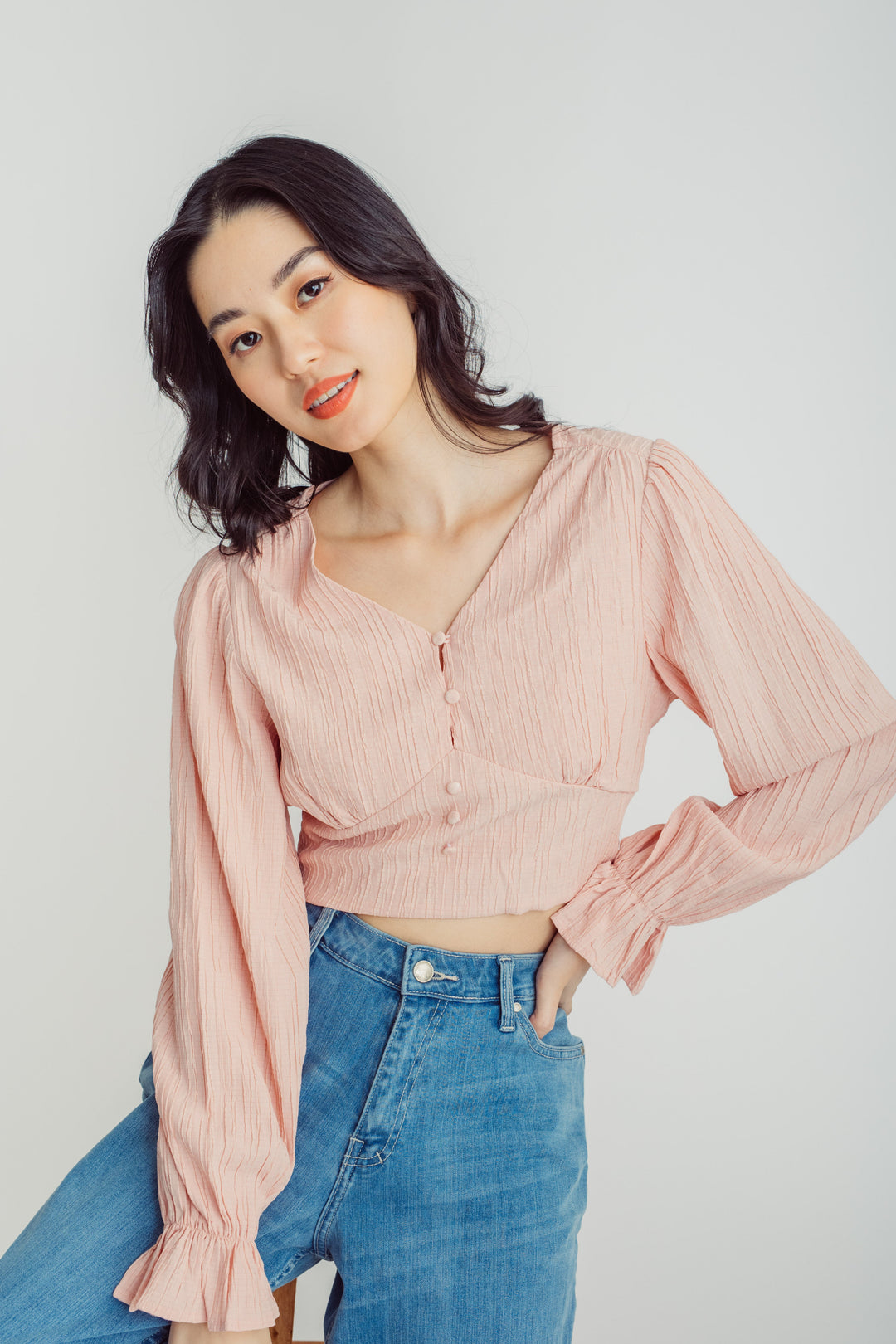 Cirilla Pink Textured V Neck Button Details Long Sleeve Top