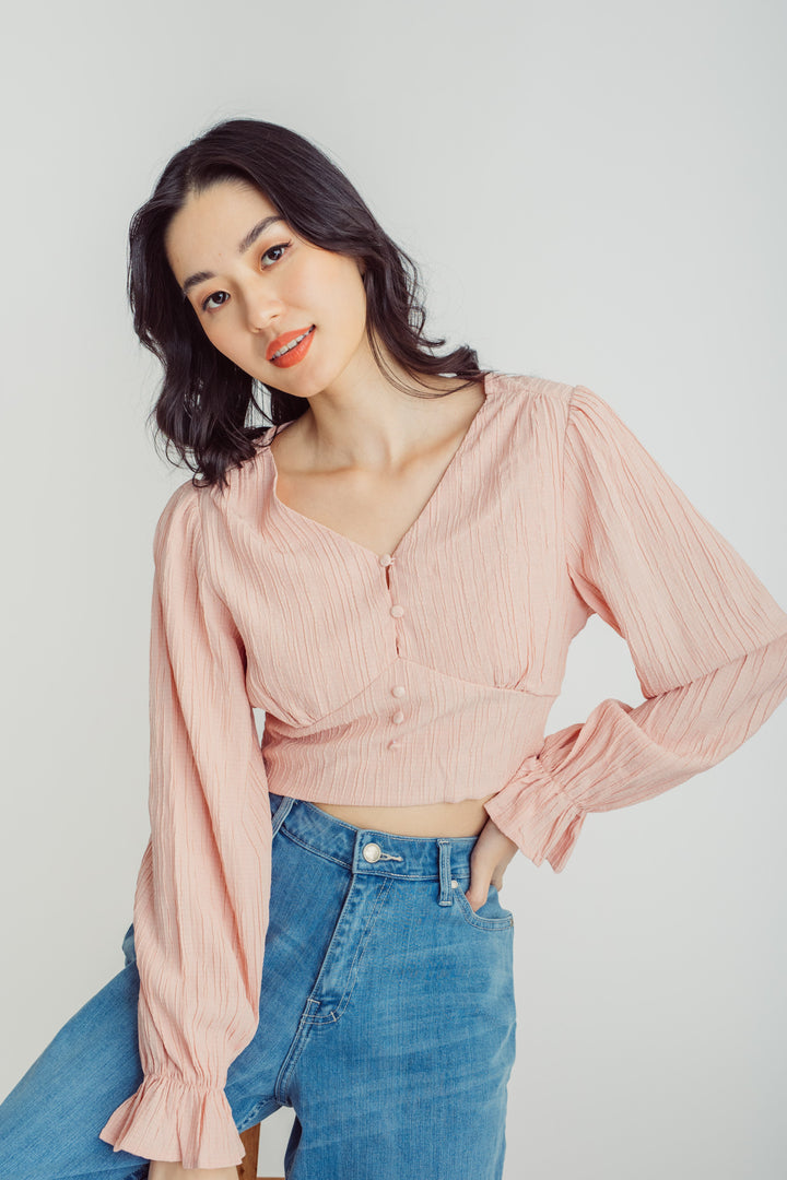 Cirilla Pink Textured V Neck Button Details Long Sleeve Top