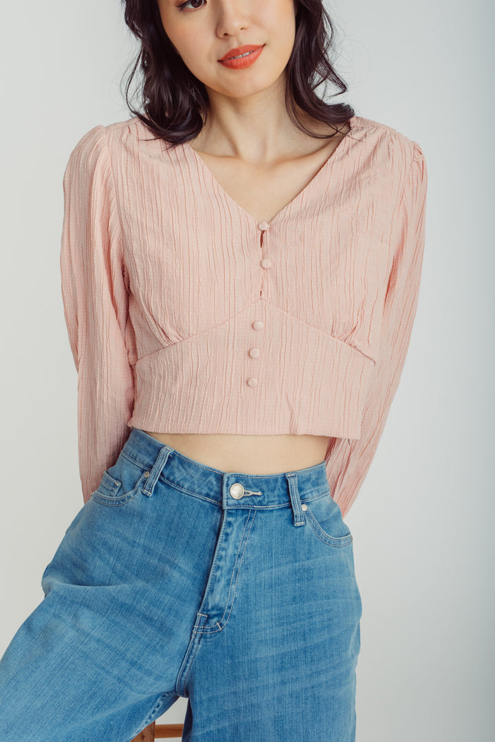 Cirilla Pink Textured V Neck Button Details Long Sleeve Top