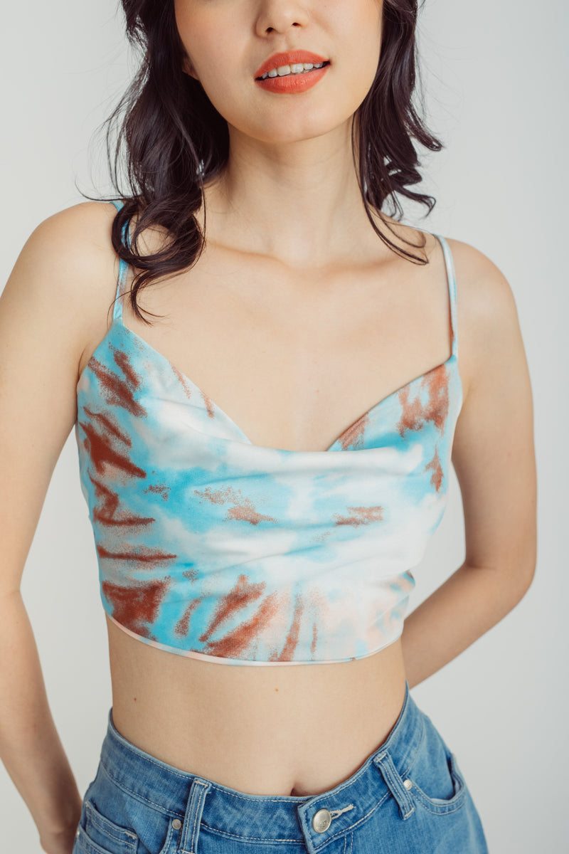 Gon Blue Tie Dye Cowl Neck Sleeveless Self Tie Back Crop Top