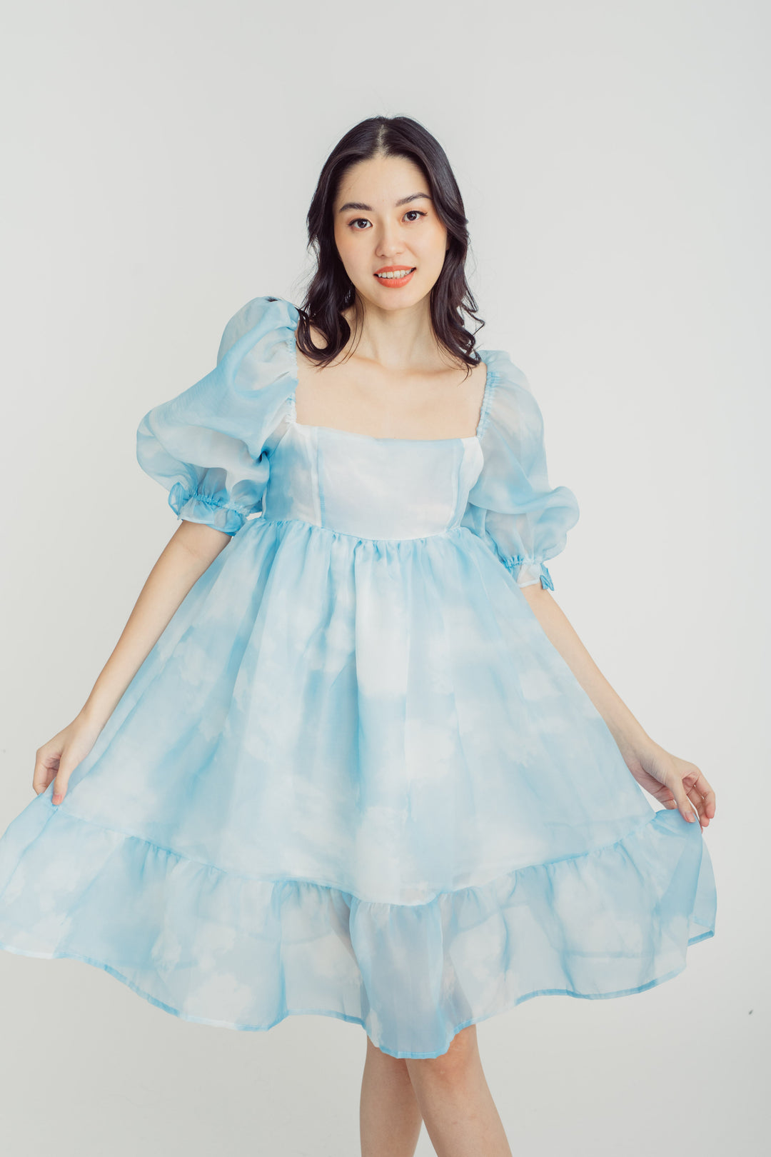 Maybelle Blue Sky Square Neck Puff Sleeves Ruffle Hem Babydoll Mini Dress