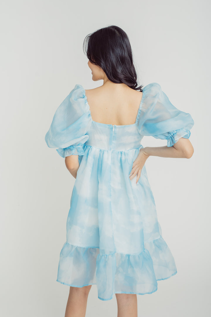 Maybelle Blue Sky Square Neck Puff Sleeves Ruffle Hem Babydoll Mini Dress