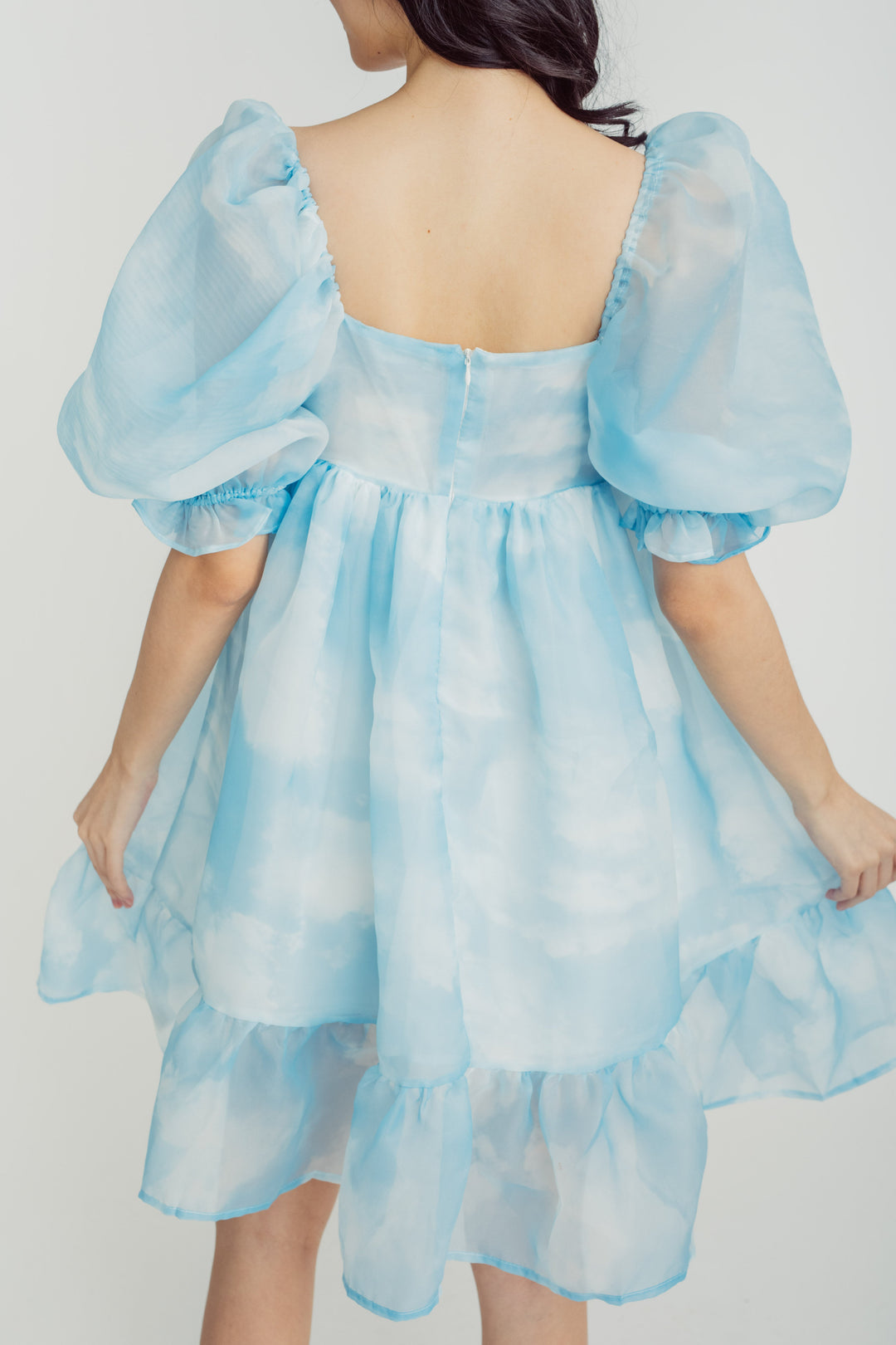 Maybelle Blue Sky Square Neck Puff Sleeves Ruffle Hem Babydoll Mini Dress
