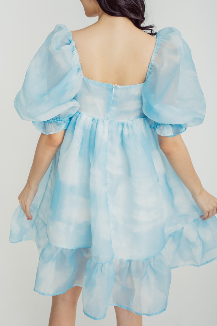 Maybelle Blue Sky Square Neck Puff Sleeves Ruffle Hem Babydoll Mini Dress
