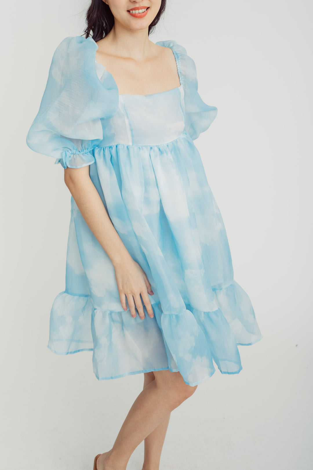Maybelle Blue Sky Square Neck Puff Sleeves Ruffle Hem Babydoll Mini Dress