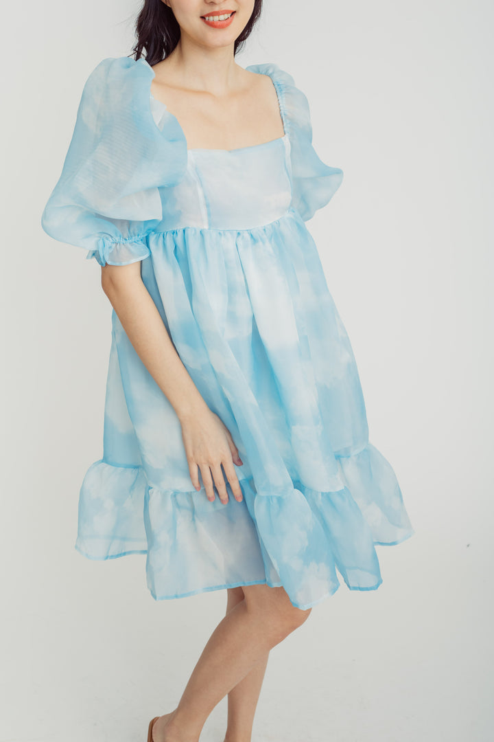 Maybelle Blue Sky Square Neck Puff Sleeves Ruffle Hem Babydoll Mini Dress