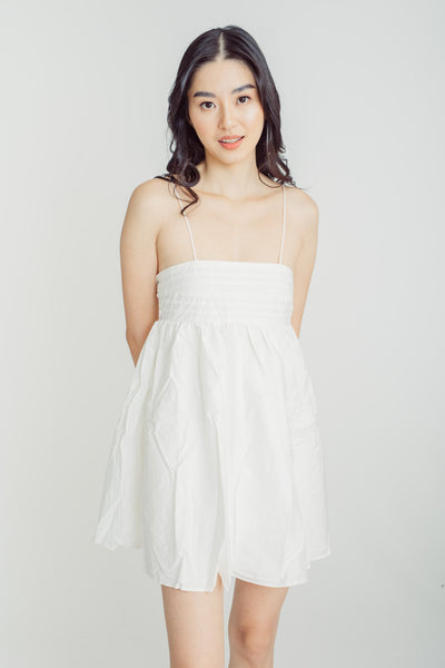 Ensley White Pleated Top Sleeveless Long Bow Back Mini Dress