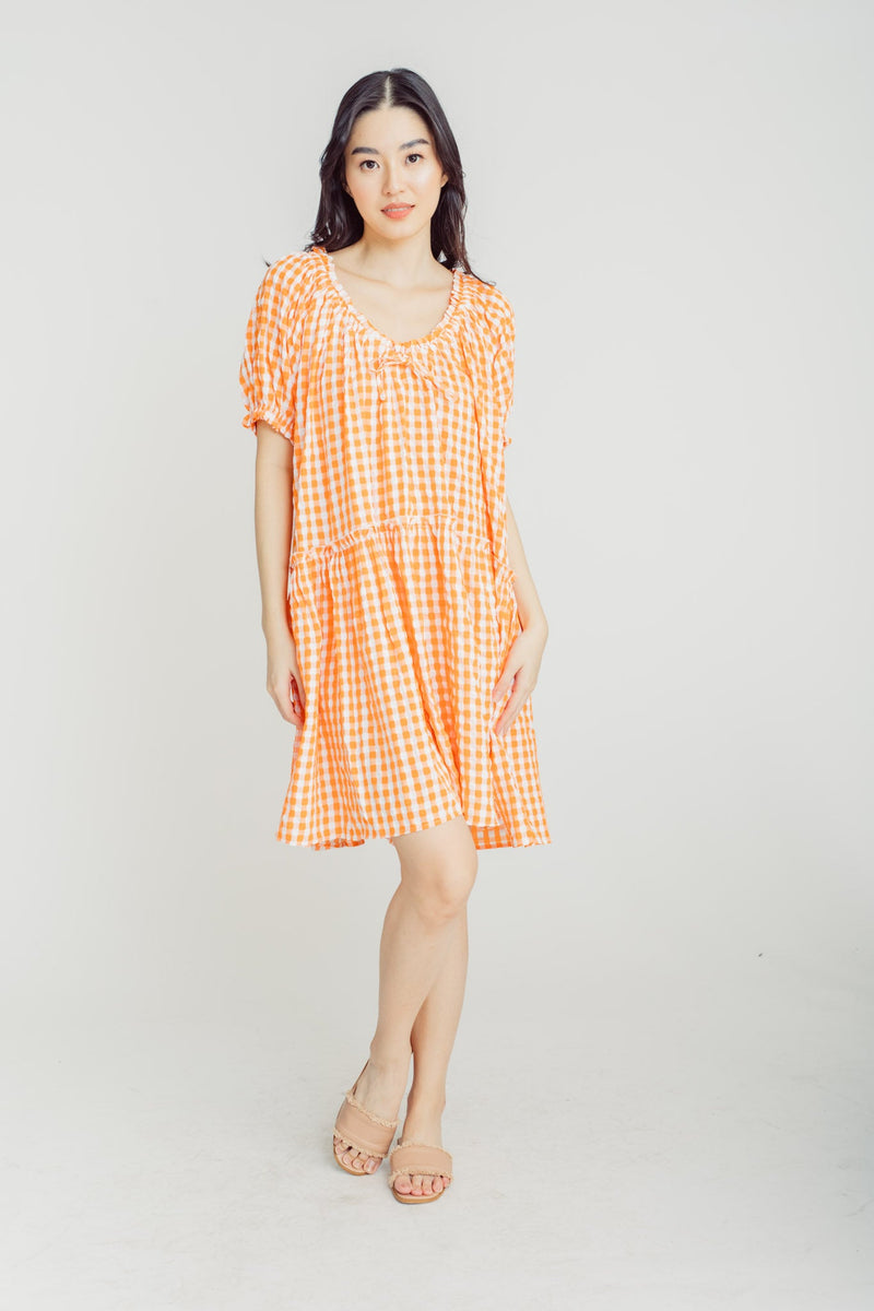 Mellie Orange Plaid V Neck Short Sleeves Tiered Loose Midi Dress
