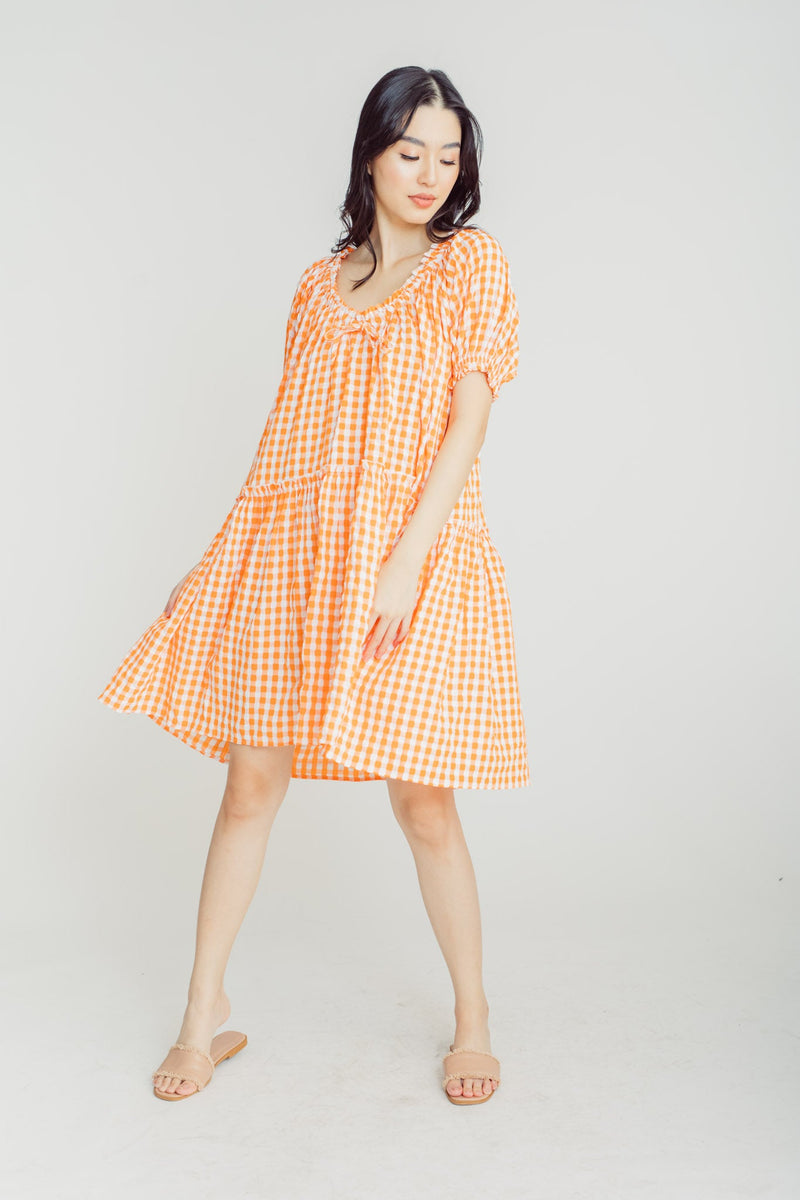 Mellie Orange Plaid V Neck Short Sleeves Tiered Loose Midi Dress